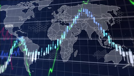 financial data and stock market chart animation over world map background