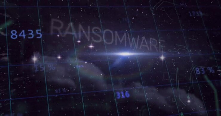 Scattered numbers starting holo grid showing RANSOMWARE forming halo shifting flare showing threat