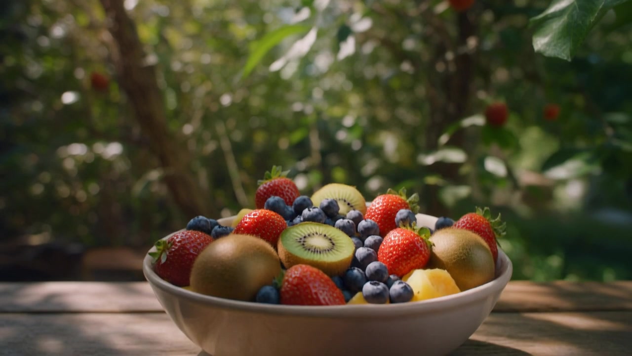 Ciotola di frutta fresca mista su un tavolo di legno all'aperto