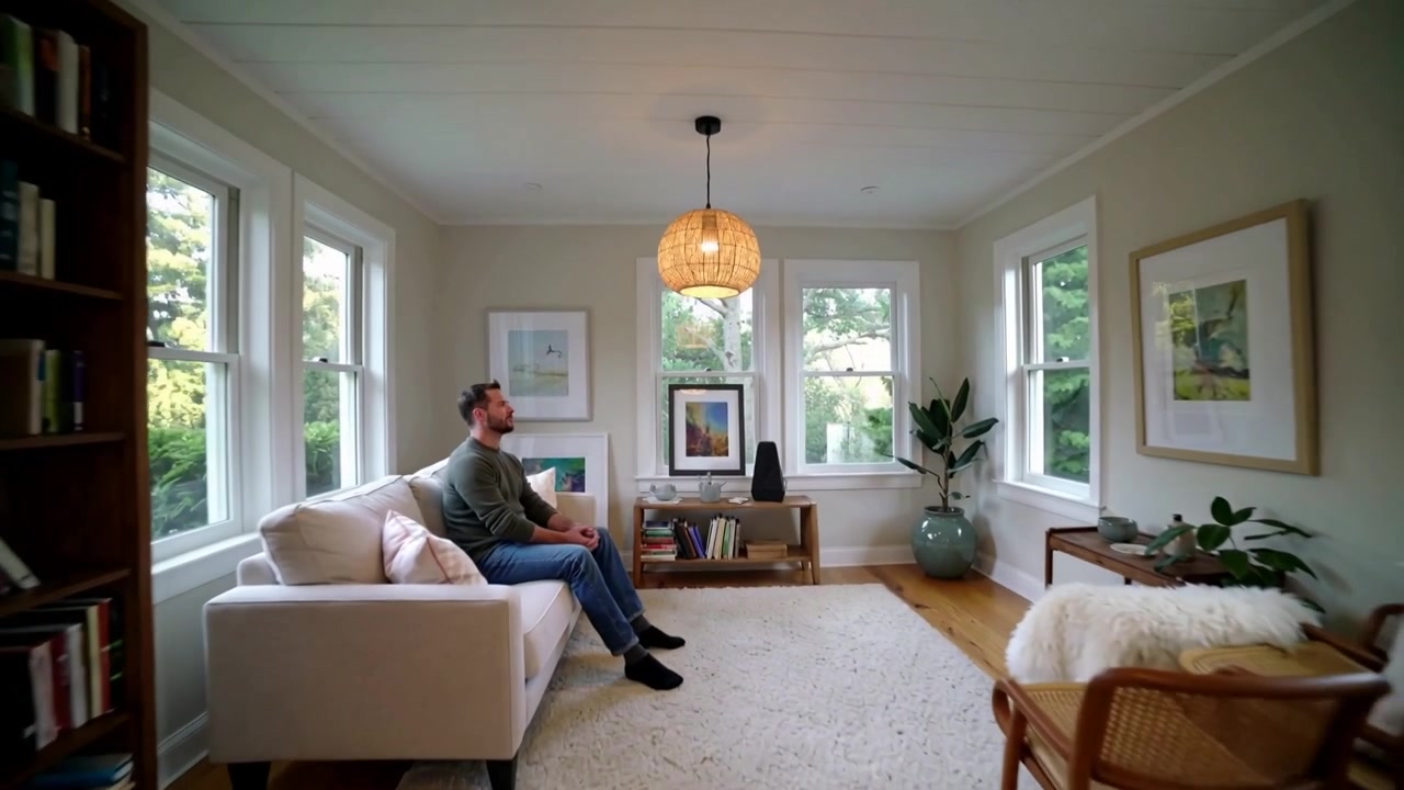 Gående mand i sweater og jeans forlader køkkenet, sætter sig på en lys sofa, holder pause for at hvile, med plads til tekst.