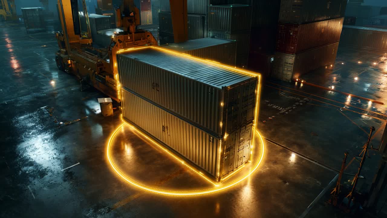 A Comprehensive Look at a High-Tech Shipping Container Being Moved in a Modern Port Environment, Highlighting the Integration of Technology in Logistics and Transport