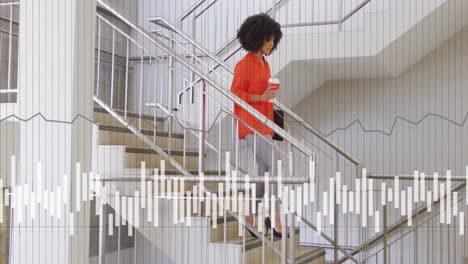 Animation of data processing over african american businesswoman in office