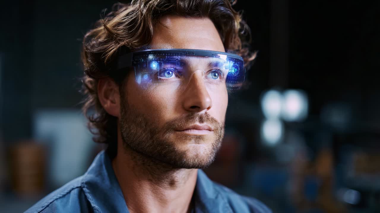 A focused individual wearing augmented reality glasses, immersed in technology as innovative visuals light up the lenses, showcasing the intersection of human experience and digital advancement in a modern environment