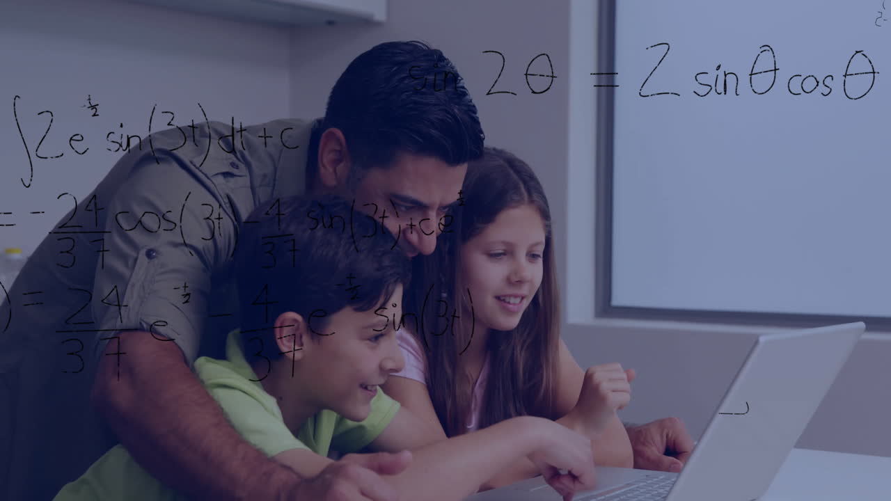 ayudando a los niños con la computadora portátil, el padre usando ecuaciones matemáticas animación