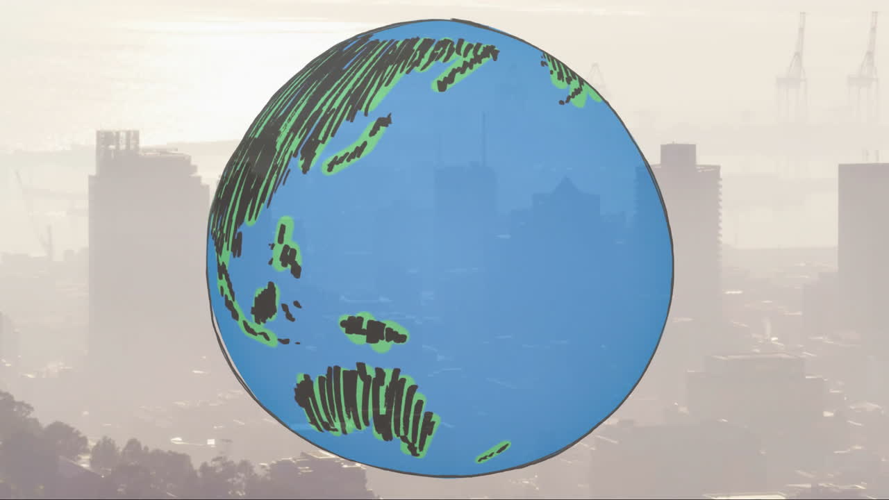Cartoon globe floating over misty urban skyline, showing sketched land masses and distant cranes