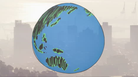 cartoon globe floating over misty urban skyline, showing sketched land masses and distant cranes