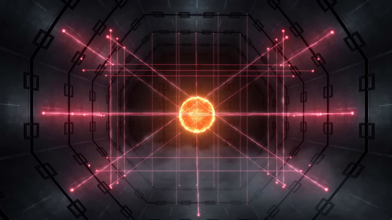 Pulsing fiery orb brightening as emitters powering pink laser grid inside reactor to contain energy