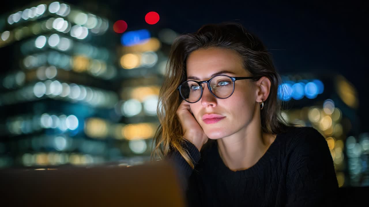 Contemplative Moments: A Young Woman Reflects in the Night Cityscape, Immersed in Thought with Glowing Urban Lights in the Background