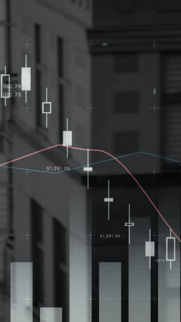 백그라운드의 높은 건물에 대한 금융 데이터 처리의 디지털 구성