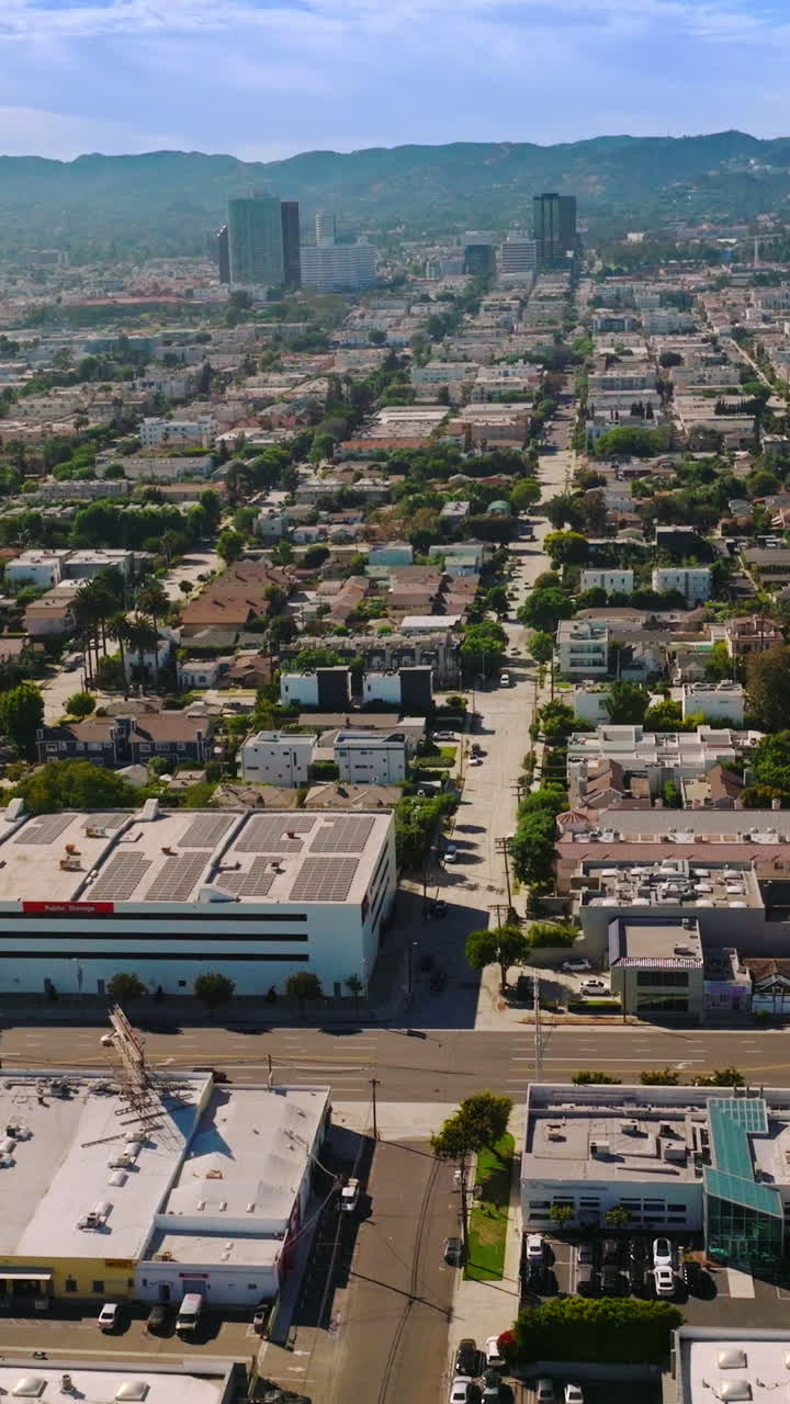 Sunny streets of urban modern Los Angeles at daytime. Lively city of California, USA from aerial perspective. Vertical video