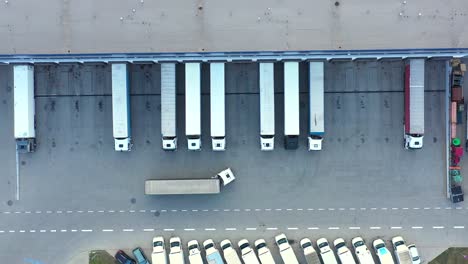 Aerial-view-of-a-semi-trucks-with-cargo-trailers-standing-on-warehouses-ramps-for-loading-unloading-goods-on-the-big-logistics-park-with-loading-hub