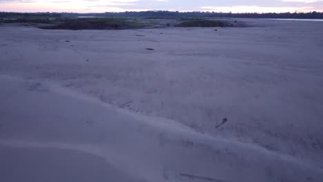 close up drone flight over sandy beach on the amazon river at sunset. tilt-up reveal