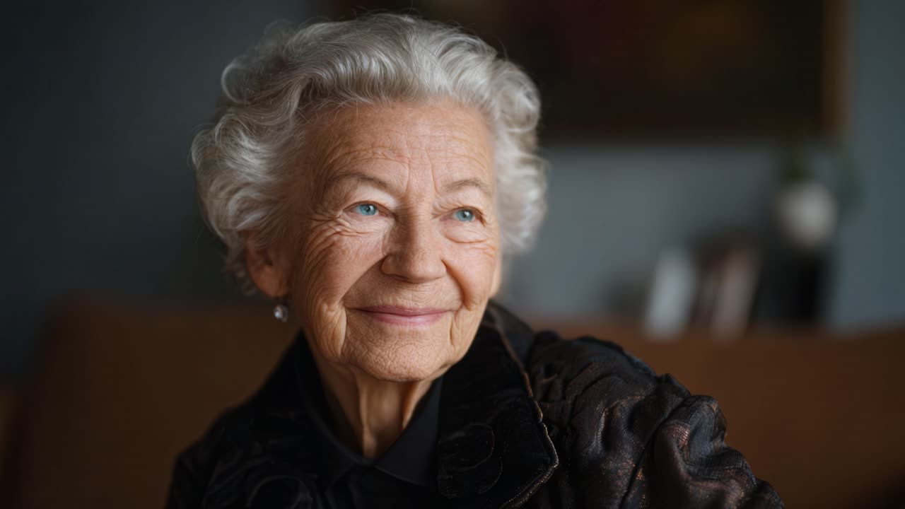 Retrato cativante de uma mulher idosa com cabelos prateados e sorriso acolhedor, expressando sabedoria e graça em um ambiente interno aconchegante.