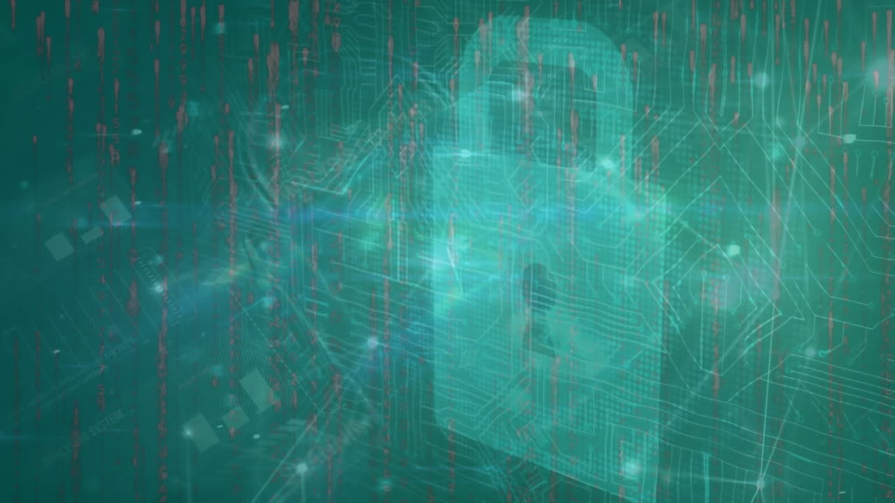 Animation of network of connections with data processing over padlock icon