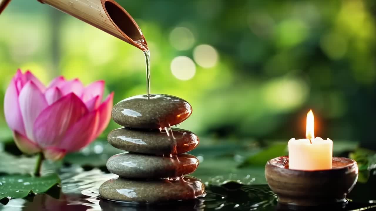 Video di un giardino zen con un'angolazione della camera ravvicinata di pietre, acqua, loto e candela, che evoca tranquillità
