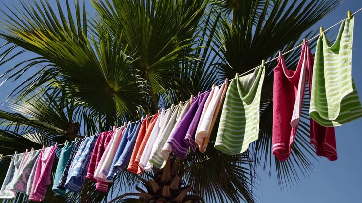 Colorful towels hanging on a clothesline, drying in the breeze, with a palm tree and blue sky in the background, creating a vibrant and tropical summer scene