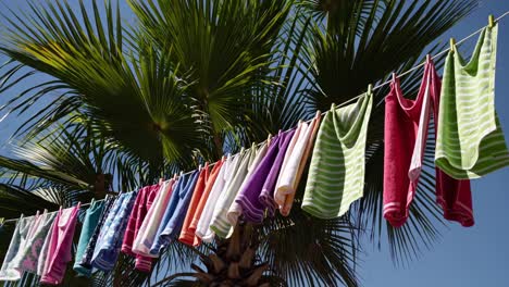colorful towels hanging on a clothesline, drying in the breeze, with a palm tree and blue sky in the background, creating a vibrant and tropical summer scene