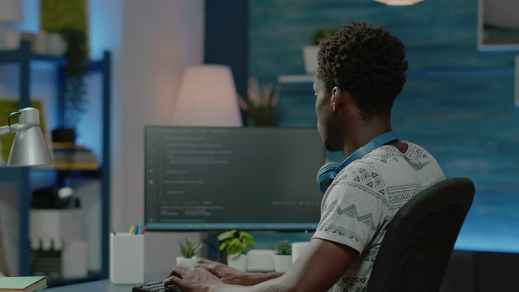 Person programming website firewall with codes on computer