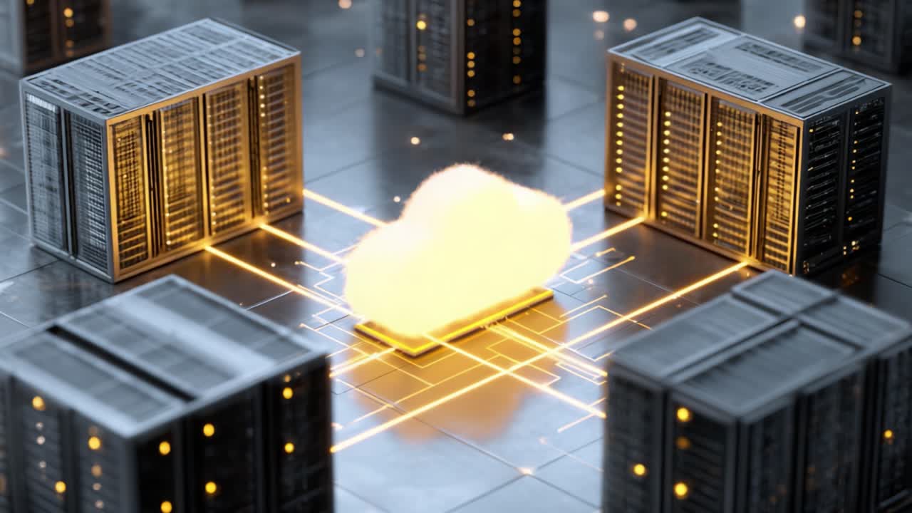 A Visual Representation of Cloud Technology Surrounded by Server Racks, Illustrating the Connection Between Cloud Infrastructure and Data Management Systems