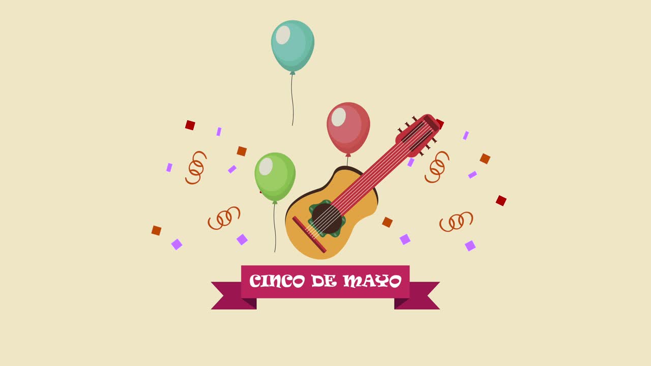 cinco de mayo letras con guitarra y globos de helio
