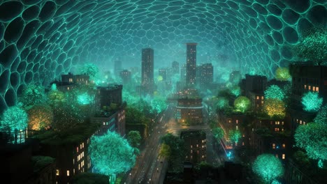 ciudad protegida por bio-doma por la noche