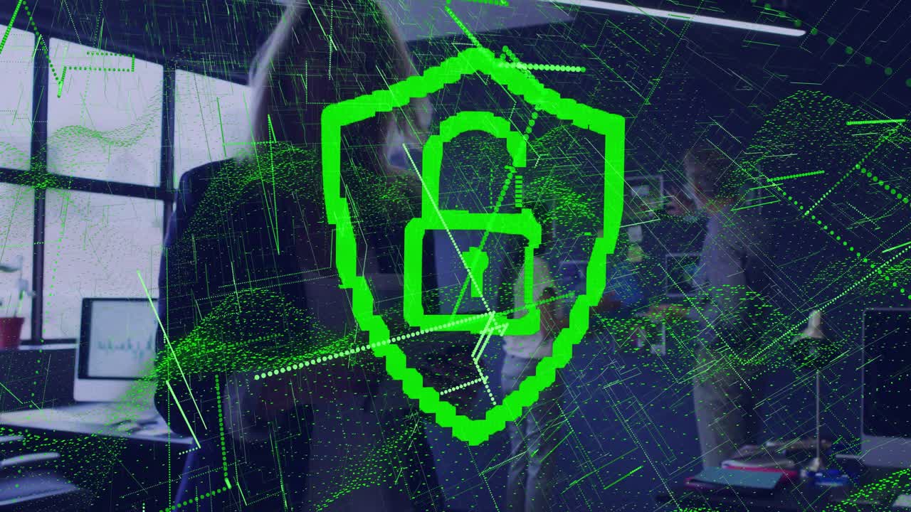 Security team collaborating while grid overlay activating shield icon counting unlocking system