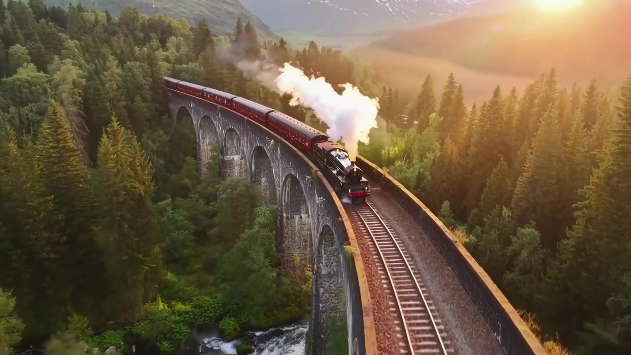 Parní vlak přejíždějící kamenný viadukt v lese při západu slunce