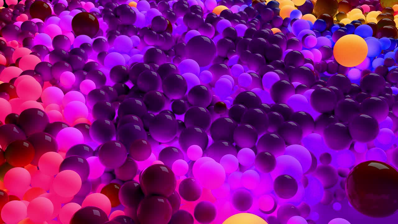 3D loop of animation in 4k with beautiful small and large spheres or balls as an abstract holiday background. Beautiful composition of colorful glowing spheres