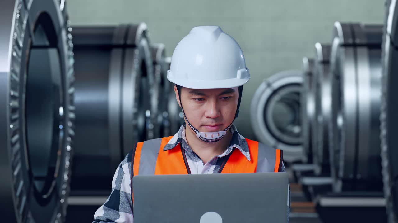 공장 환경에서 노트북을 사용하는 엔지니어