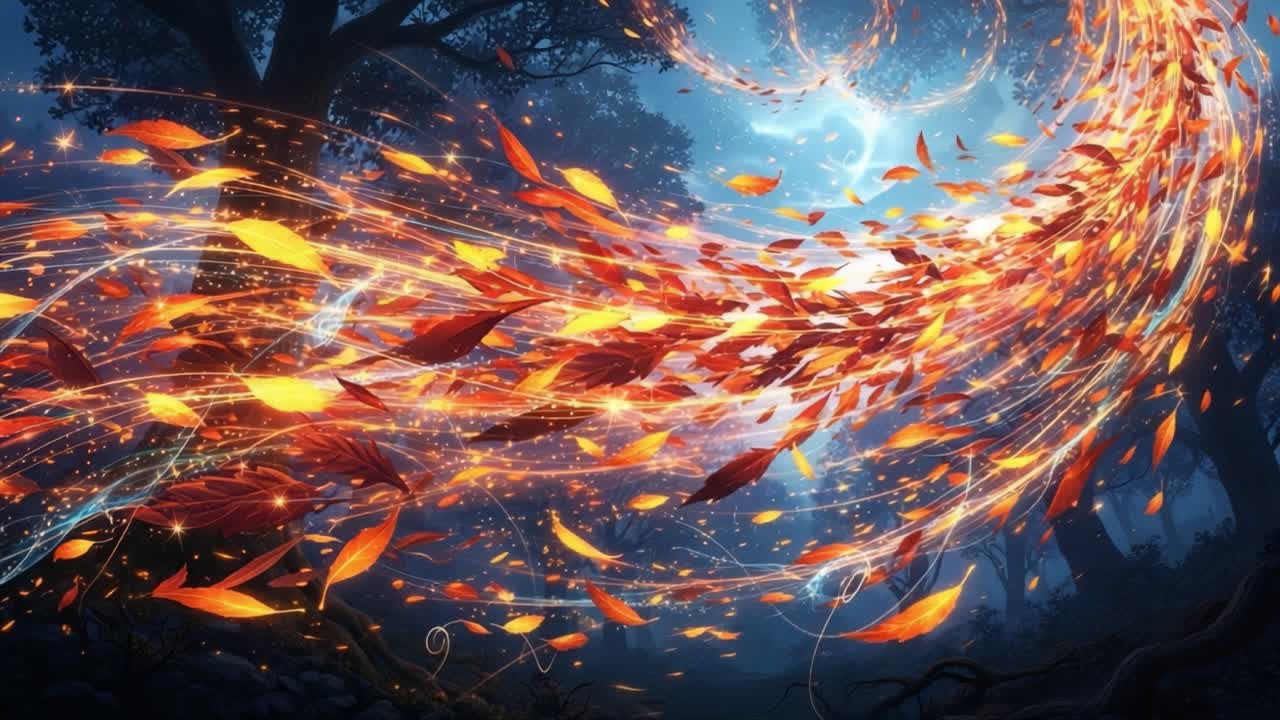 A Captivating Dance of Autumn Leaves: Whirling Colors and Sparkling Trails in a Mystical Forest Setting Enhancing the Beauty of Nature's Transformation