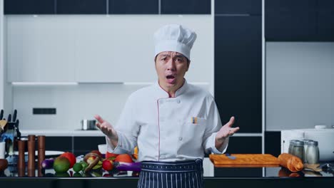preguntándose el chef asiático diciendo por qué y de pie con dudas en la cocina de casa