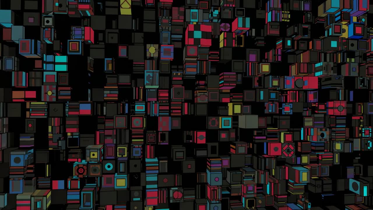 Initiating camera movement through colorful cube grid in black void, exploring layered patterns