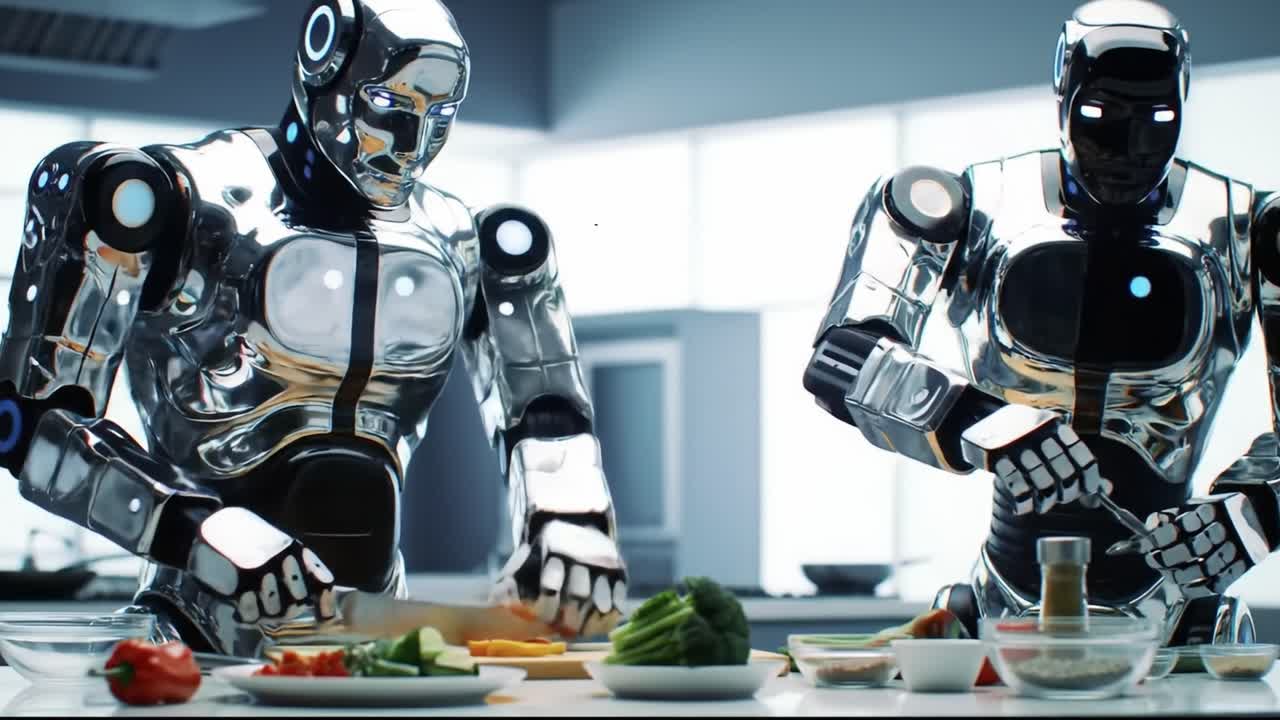 Futuristic Culinary Robots Skillfully Preparing a Colorful Array of Vegetables in a Modern Kitchen Environment, Showcasing Advanced Technology and Automation in Cooking