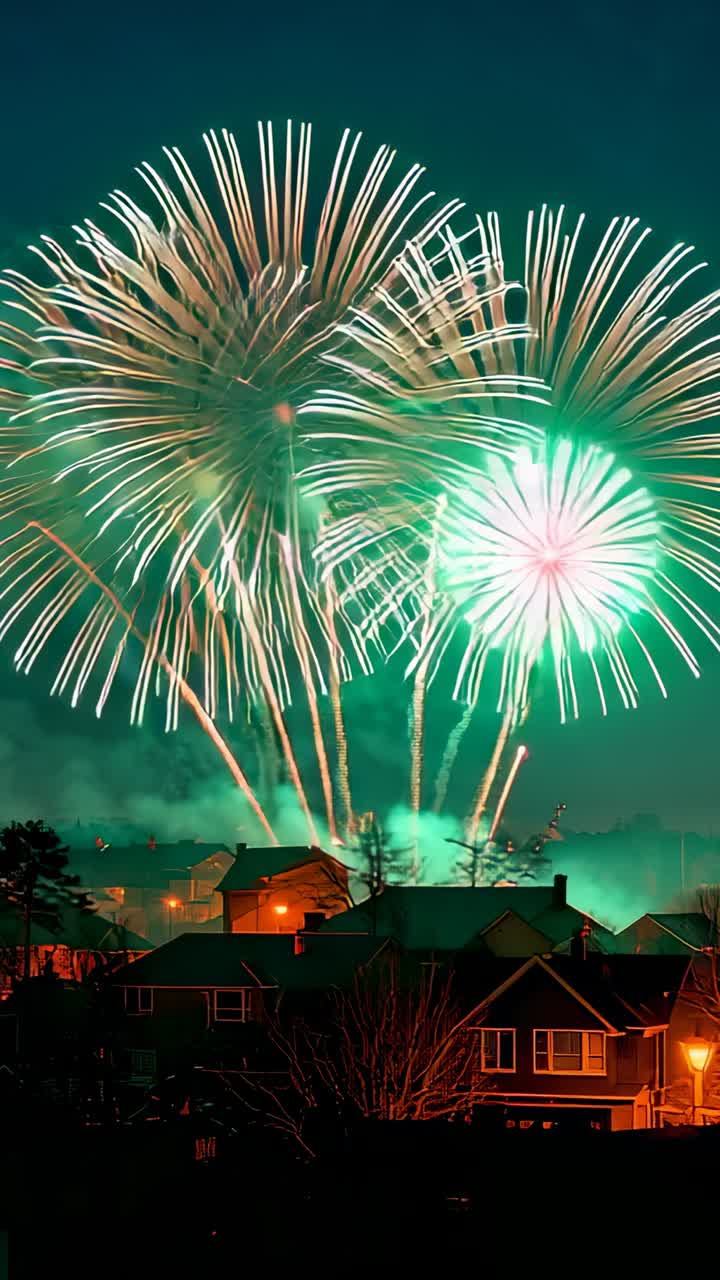 Vertical video: Firework shells launching and bursting above suburb roofs by trees with street lamp