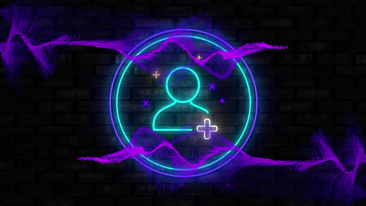 Digital animation of purple digital waves over neon blue add friend icon against brick wall