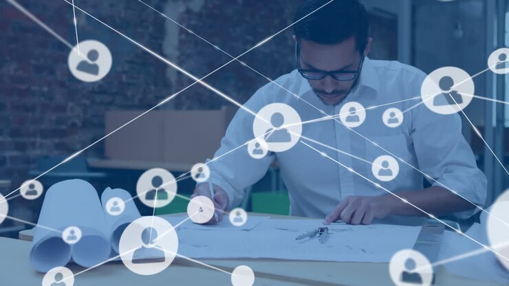 Animation of network of connections with icons over male caucasian architect