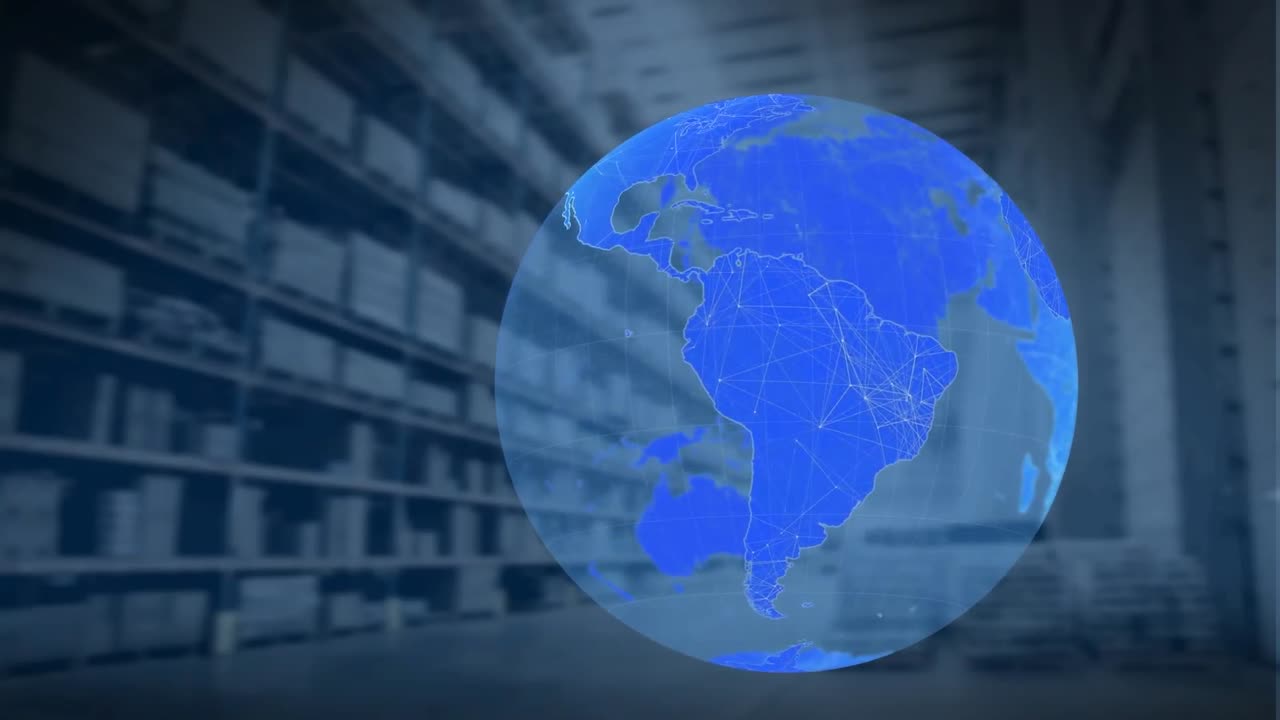 composición digital del globo girando contra el almacén en el fondo