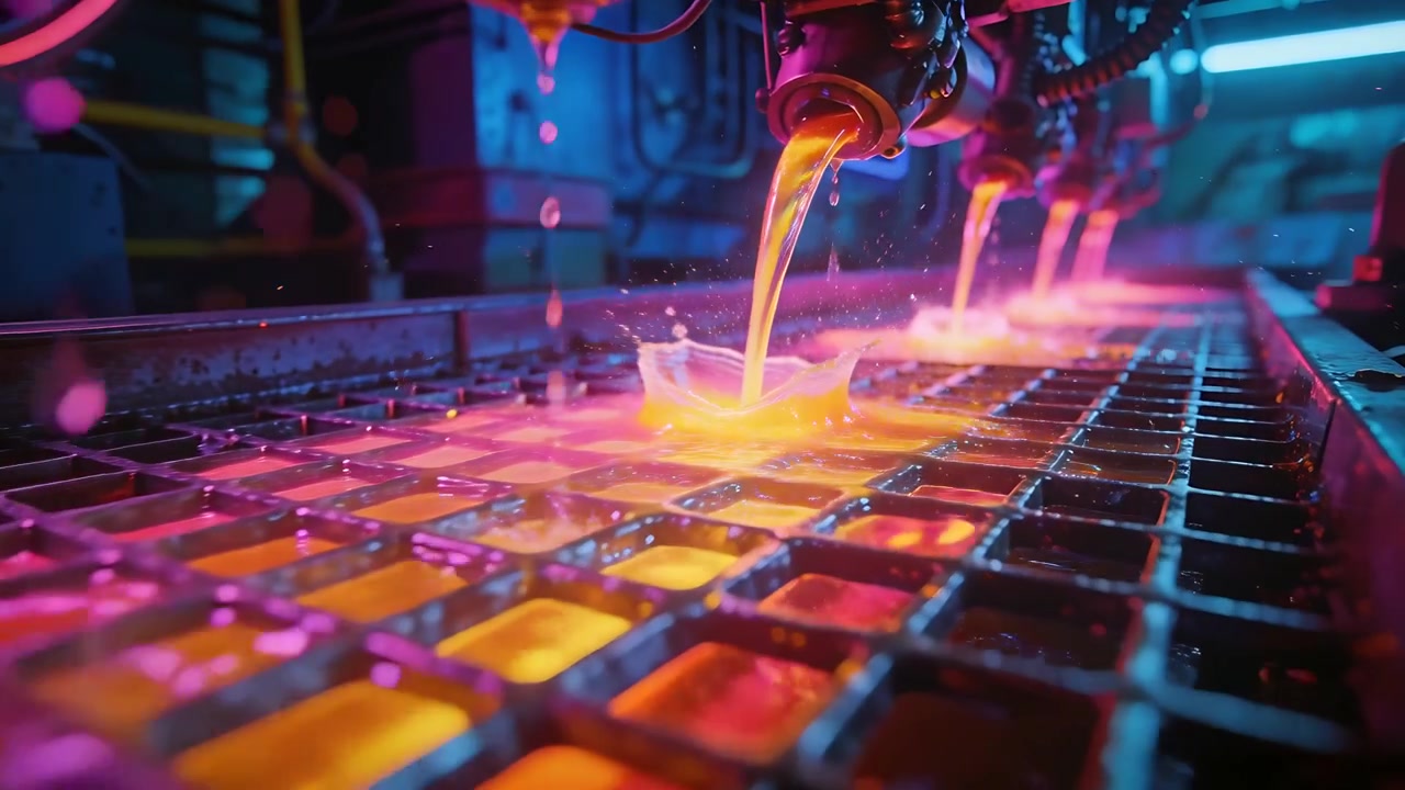 Starting pump, metal nozzles pouring orange liquid into tray filling molds with neon light