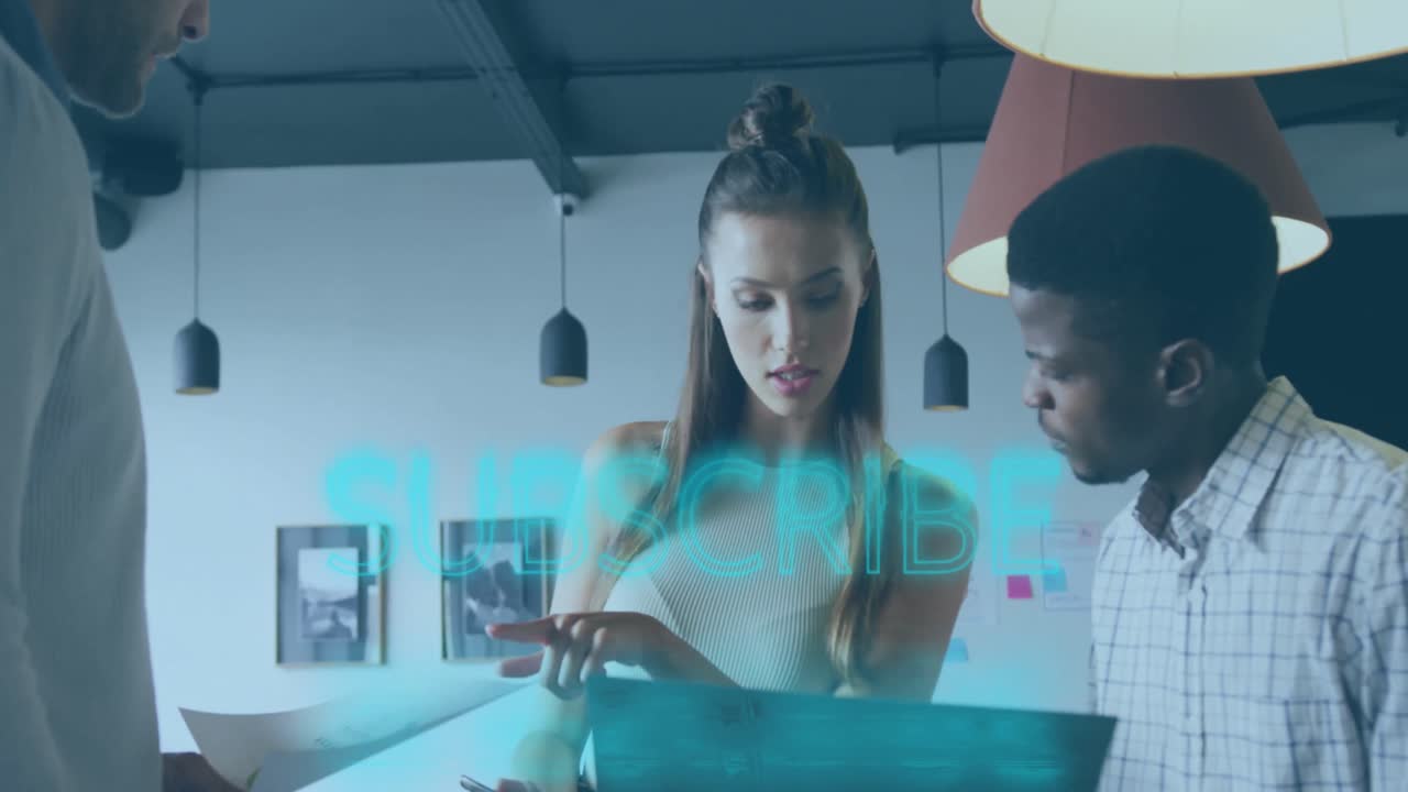 Animation of subscribe text over diverse business people in office