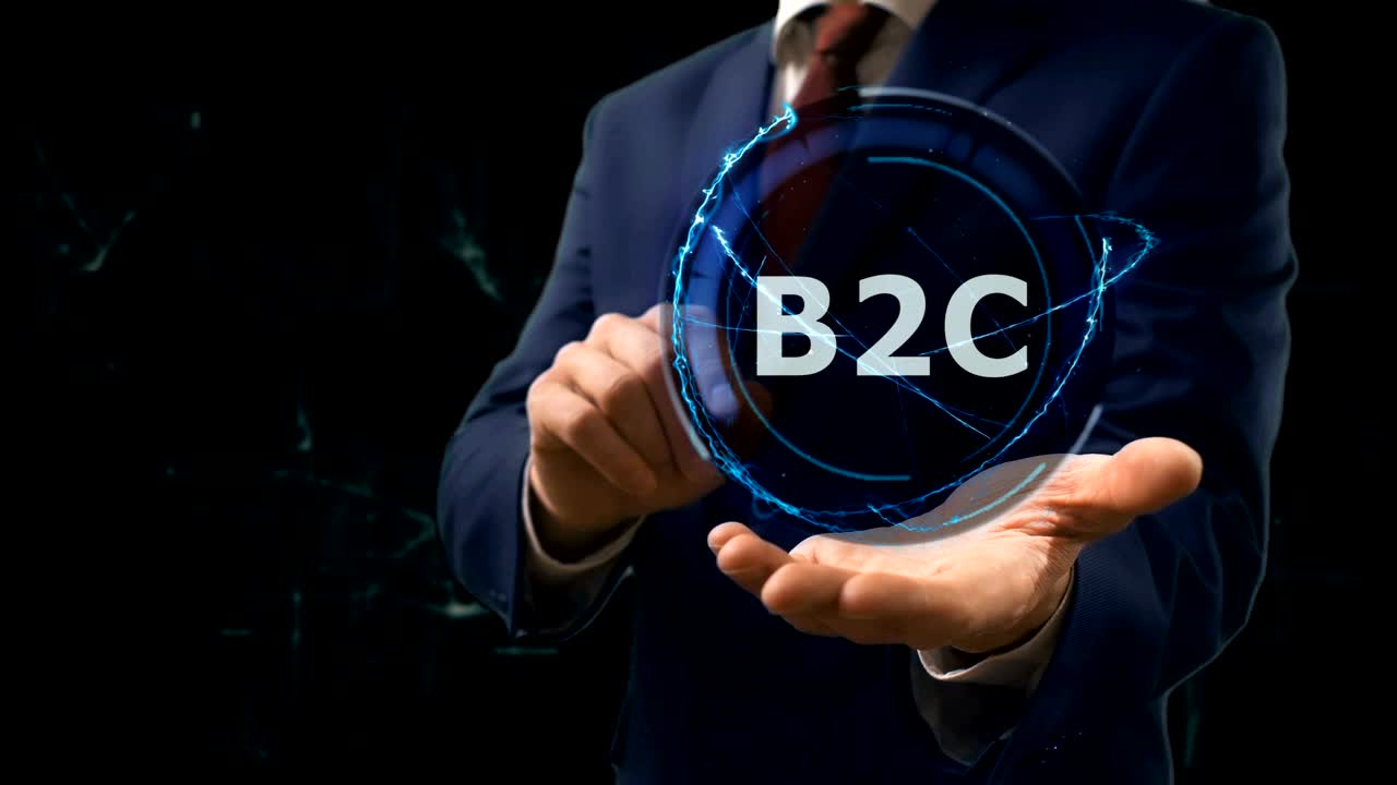 hombre de negocios muestra concepto holograma b2c en su mano