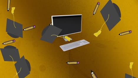 animación de los iconos de los artículos escolares que se mueven sobre un fondo rojo