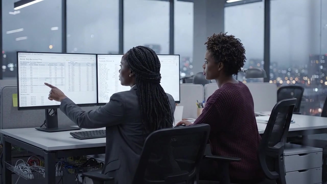 Two colleagues working together in a modern office environment, focused on their computer screens while analyzing data and statistics in a vibrant city background.