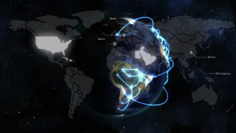 animation of glowing lines encircling earth, highlighting global school connections