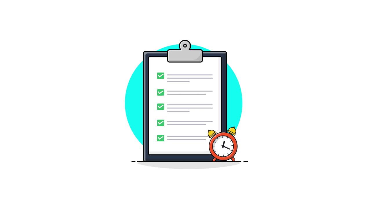 Animated Checklist on Clipboard with Alarm Clock Showing Time Passing