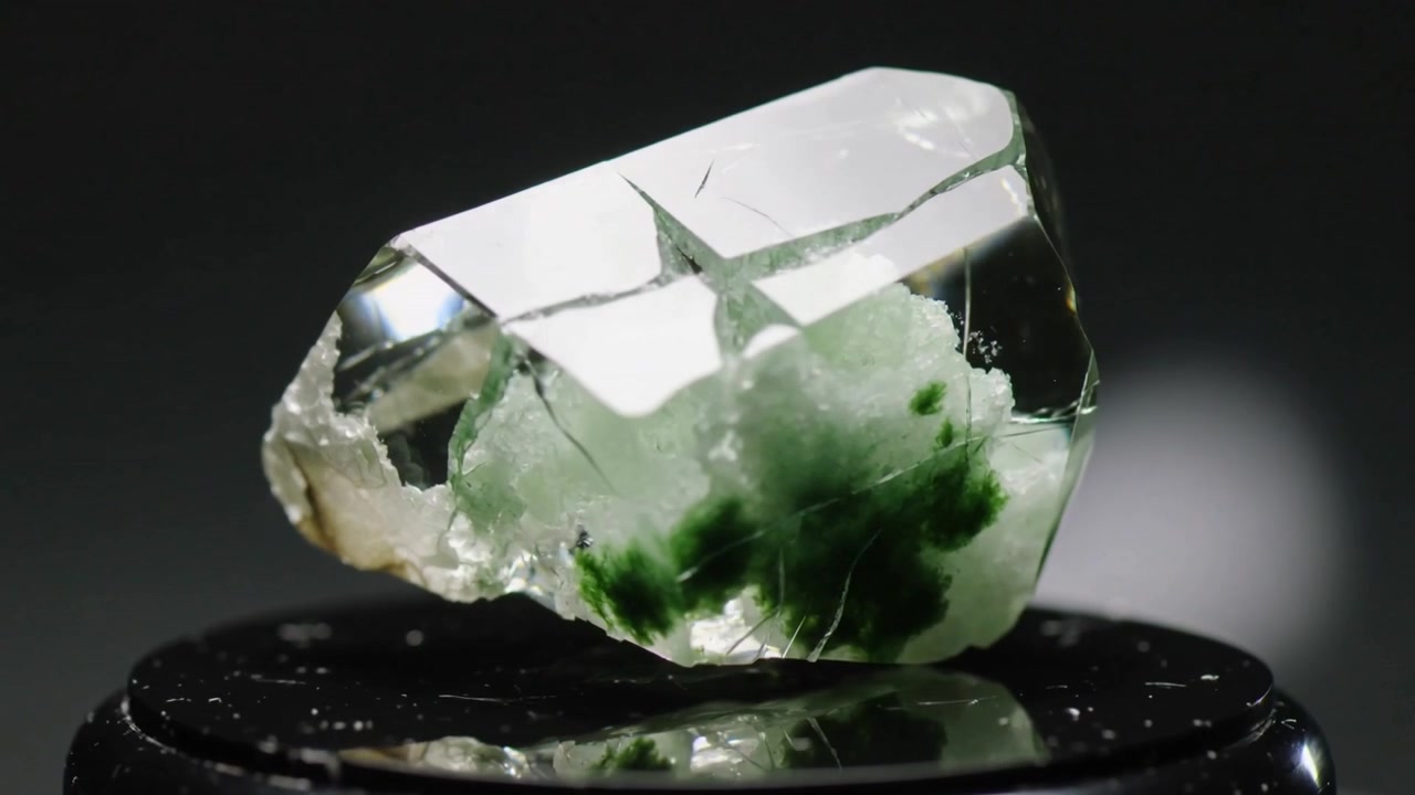 Campione di cristallo verde rotante azionato da un piatto girevole su un tavolo da studio, che rivela un'inclusione di muschio.