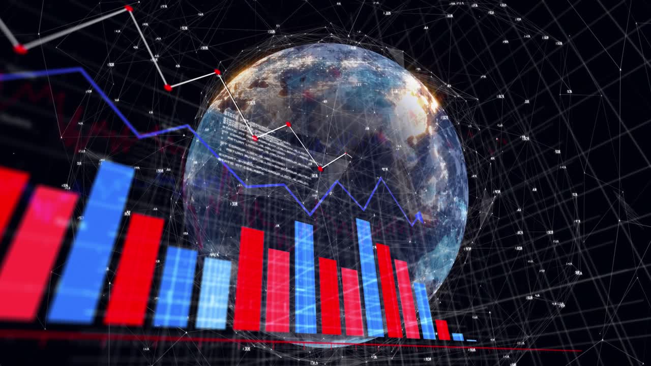 Dönen dünya küresi üzerinde istatistiksel veri işleme ve bağlantı ağı animasyonu.