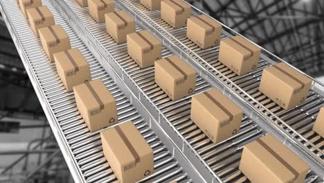 animation of cardboard boxes on conveyor belts over warehouse