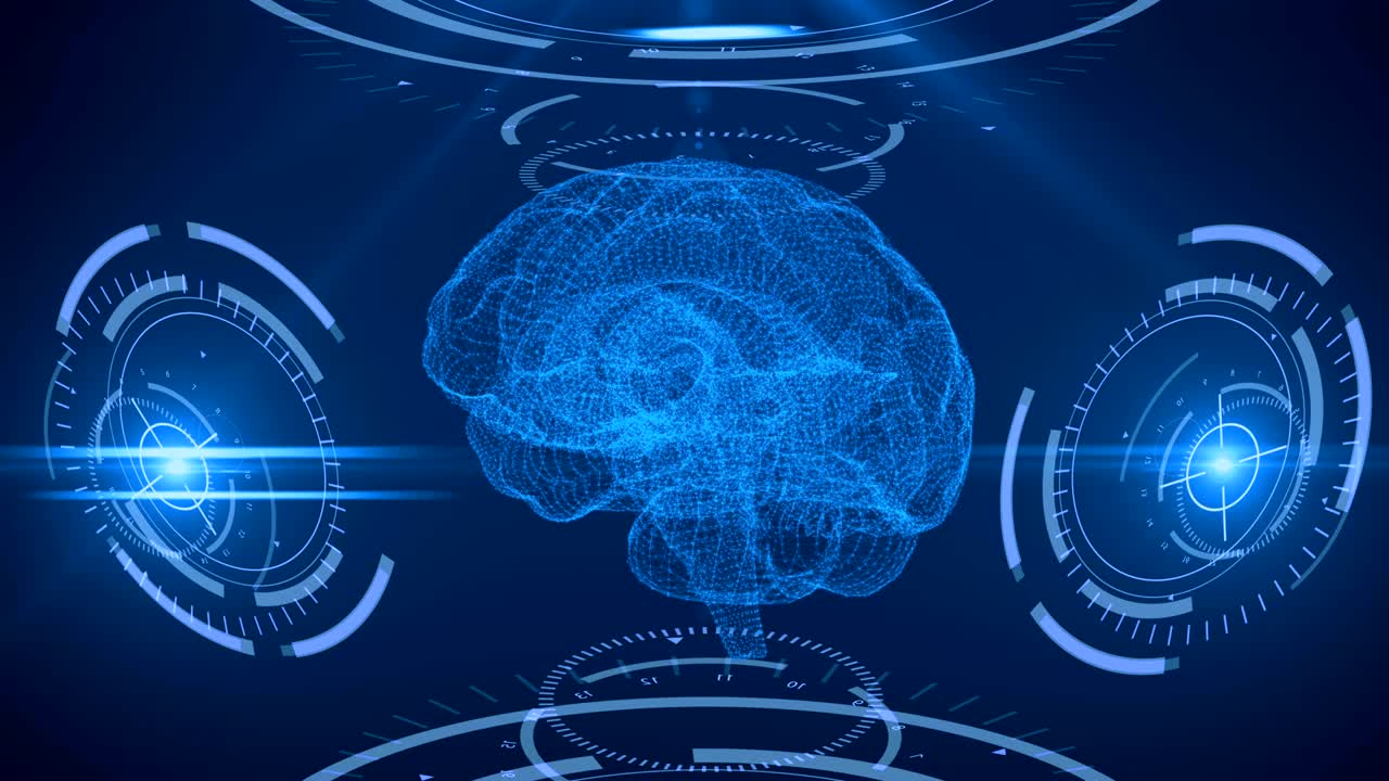 Digital scanning of the human brain. Abstract background with plexus, hud. Loop animation