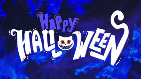 animation of happy halloween text and cat over blue and black background