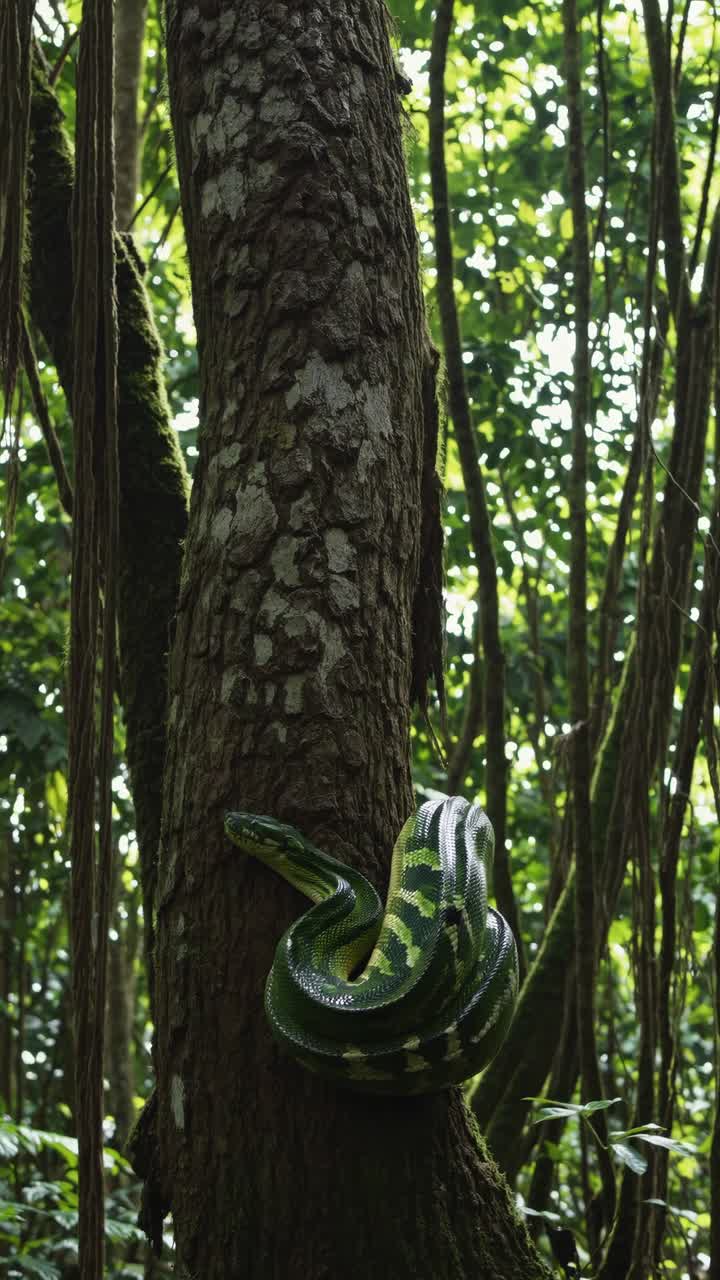 Snake coiled on a tree trunk in a forest